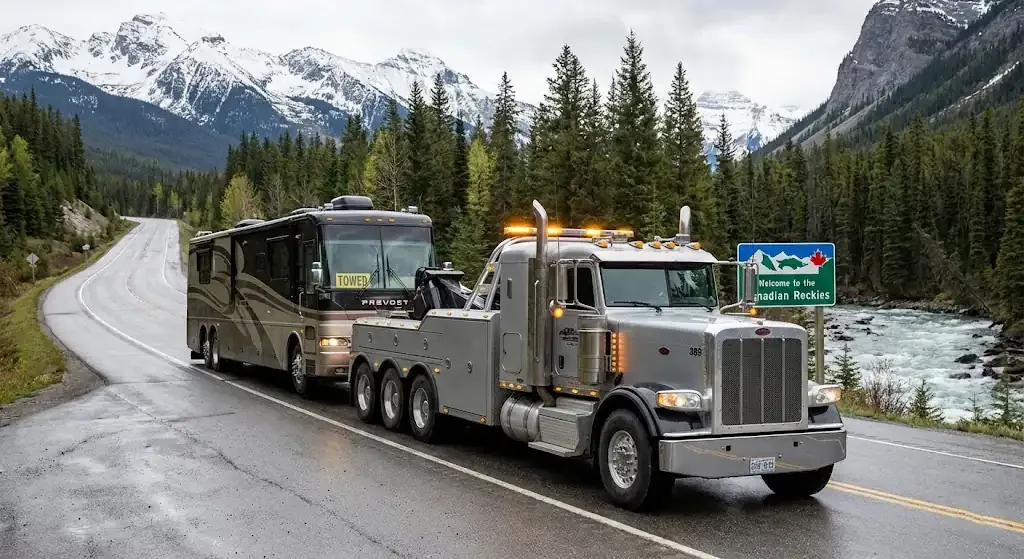 Philadelphia heavy-duty tow truck with RV in transport