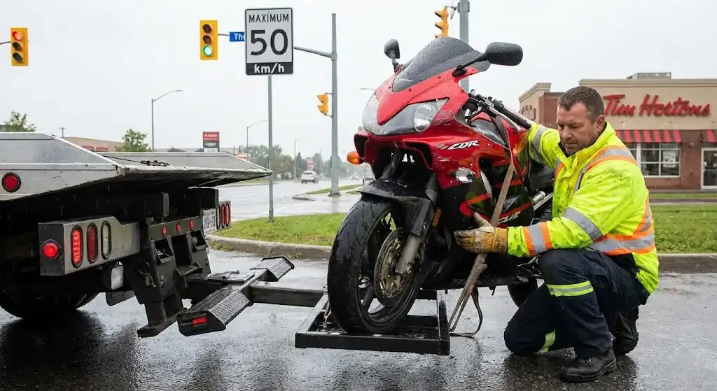 Philadelphia motorcycle being safely loaded for transport